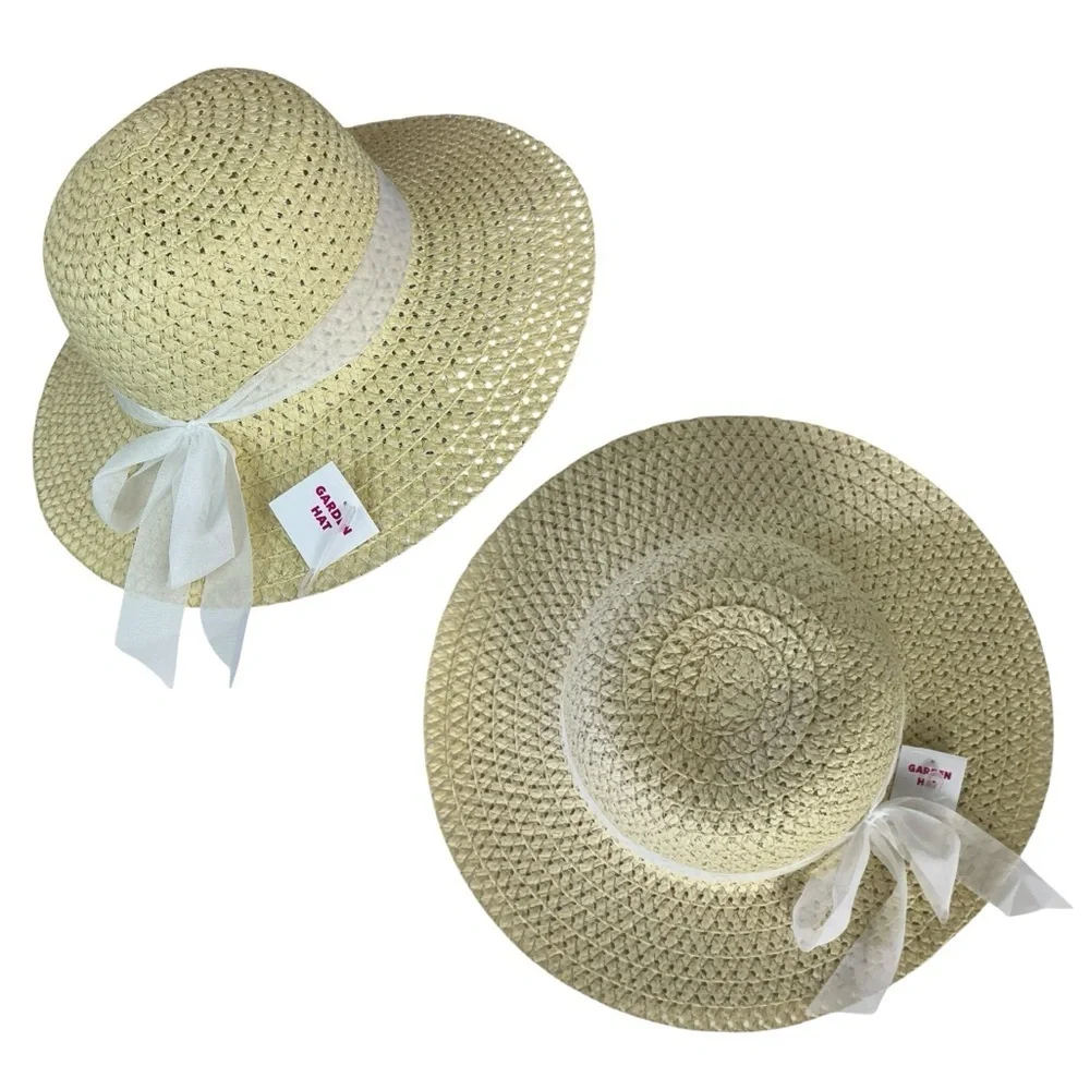 Straw Sun Garden Beach Hat Floppy Wide Brim White Ribbon Neutral Yellow Women OS - Picture 9 of 16